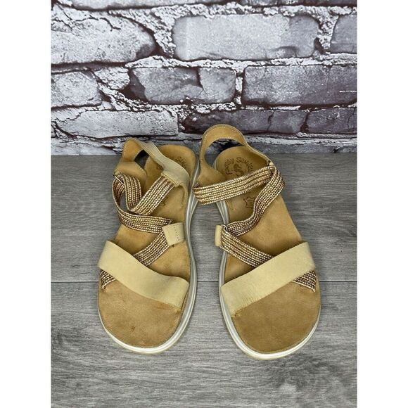 Fantasy Sandals Tan Nubuck Fabric Cross Strap Wedge Flex Sole Women’s 39EU/8.5US - Picture 2 of 16